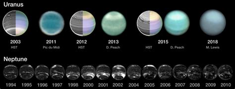 Images of Uranus (top) and Neptune (bottom) showing seasons and storms ...