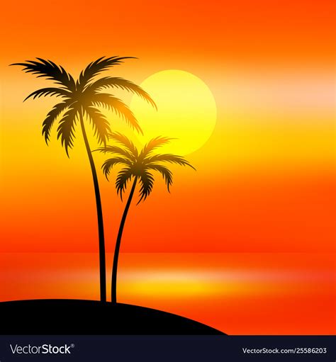 Beach scene with sunset and palm tree Royalty Free Vector