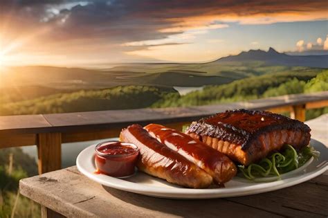 Premium Photo | A plate of smoked salmon and a side of bbq sauce.