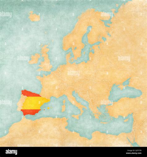 España (bandera española) en el mapa de Europa. El Mapa es de estilo ...