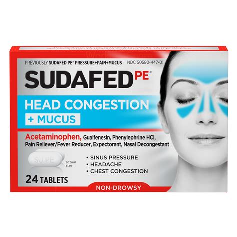 Sudafed PE Head Congestion + Mucus Non-Drowsy Relief Tablets, 24 ct ...