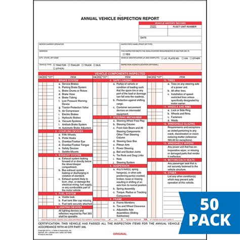 Annual Vehicle Inspection Report Form 50-pk. - Snap-Out Format, 3-Ply ...