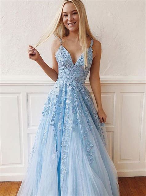 Spaghetti Straps Light Blue Prom Dress with Appliques Sleeveless Long ...