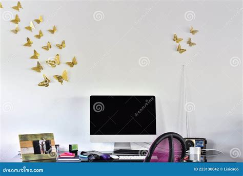 Desktop with Computer and Radio Stock Photo - Image of interior ...