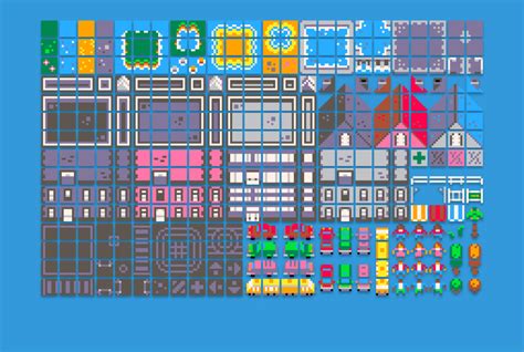 Pixel art 2d game city pack asset spread sheet