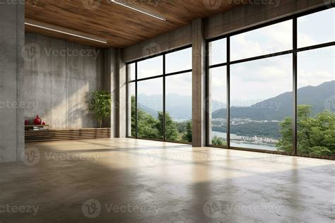 Empty room with panoramic window and mountain view. Generative AI ...