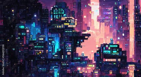 Cyberpunk neon city night. Futuristic city scene in a style of pixel ...