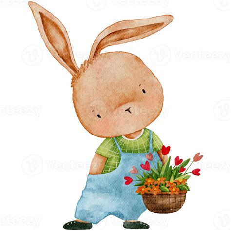 Cute Rabbit holding flower,Cartoon Watercolour hand paint funny Bunny ...