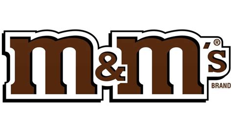 the m & m's brand logo is shown in brown and white, as well as