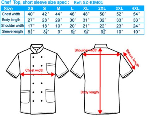 chef coat size chart, chef coat size conversion, chef coat size spec ...