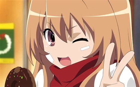 anime, Aisaka Taiga, Brunette, Toradora!, Winking, Donut, Peace sign HD ...