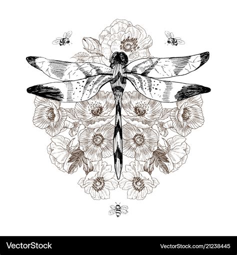 Flowers and dragonfly tattoo in vintage Royalty Free Vector