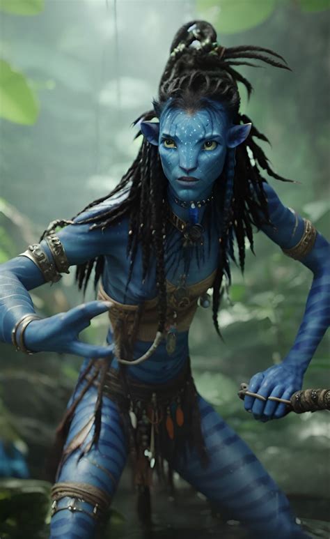 a woman with blue makeup and dreadlocks standing in the woods holding a ...