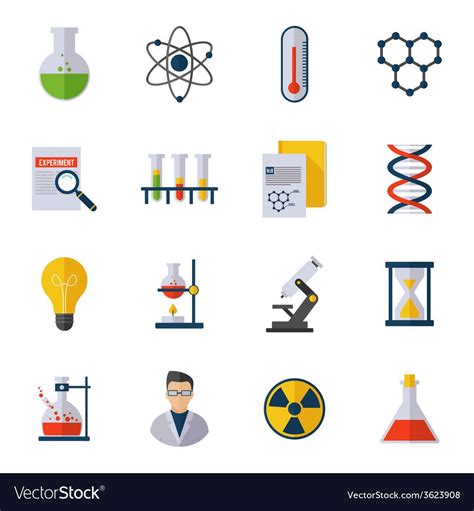 Chemistry icon flat set with scientist atom molecule dna isolated ...