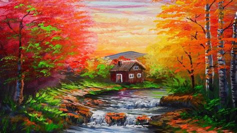 Acrylic Landscape Painting Tutorial Autumn Forest with River and House ...