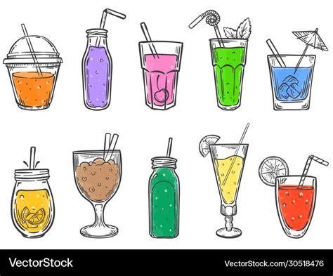 Sketch summer drinks glass soft drink cold Vector Image