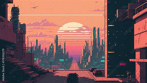 a car is watching the sunset in a modern city, pixel 2d art, generative ...