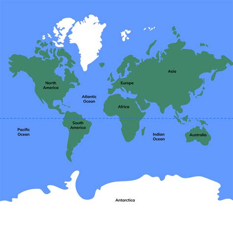 World map color with names of continents and oceans. Silhouette map ...