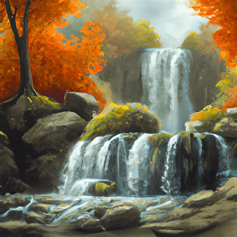 Beautiful Autumn Waterfall Painting · Creative Fabrica