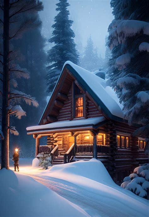 Snowy Log Cabin at Night