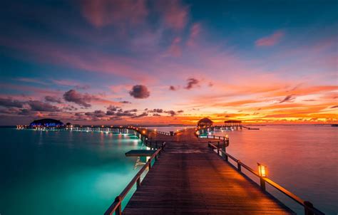 Wallpaper sunset, bridge, the ocean, The Maldives, The Indian ocean ...