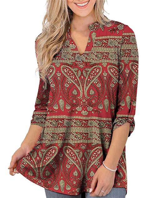 Womens Plus Size 3/4 Roll Sleeve Paisley Tunic Tops V Neck Blouses ...