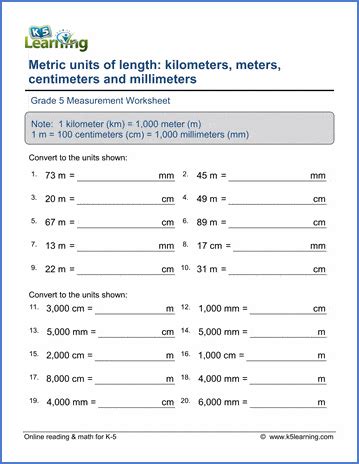 Grade 5 Math Worksheets: Convert metric lengths (mm, cm, m, km) | K5 ...