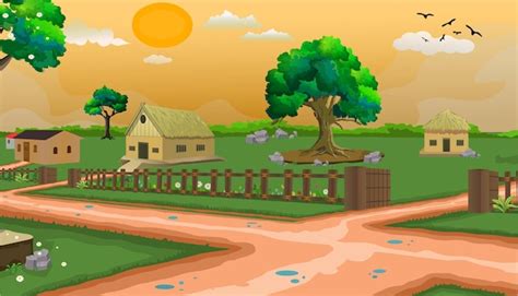 Premium Vector | Village cartoon background illustration with sun ...