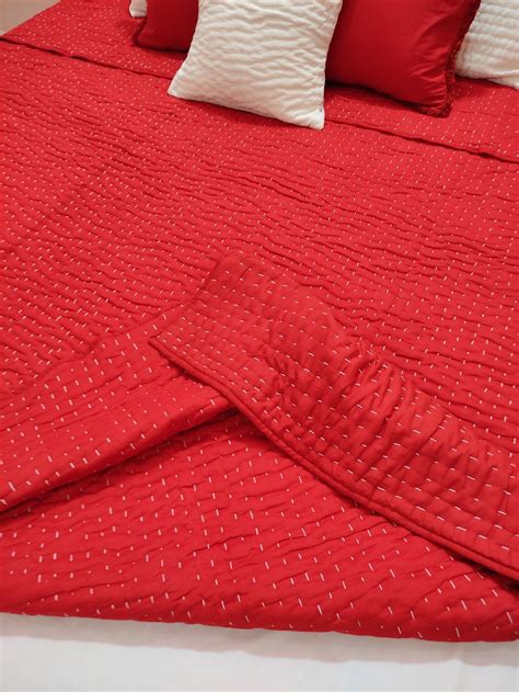 Solid Red Cotton Kantha Quilt Hand Stitched White Thread - Etsy