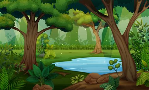 Forest scene with trees and pond illustration 6132993 Vector Art at ...