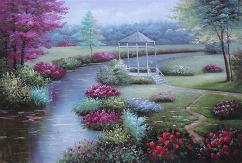 Graceful Flower Garden at Riverside Oil Painting Landscape Naturalism ...