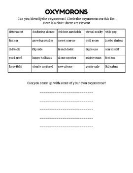 Oxymoron Worksheet by Bethaney Kent | Teachers Pay Teachers