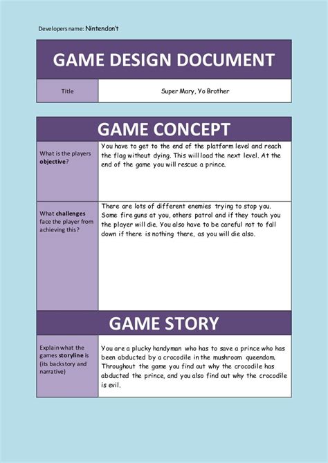 Game design document filled in