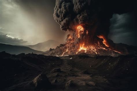 Premium AI Image | A volcano with a cloud of smoke and a dark sky