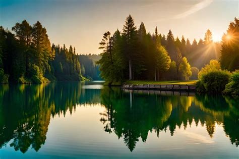 Premium AI Image | a forest lake with a sunset in the background