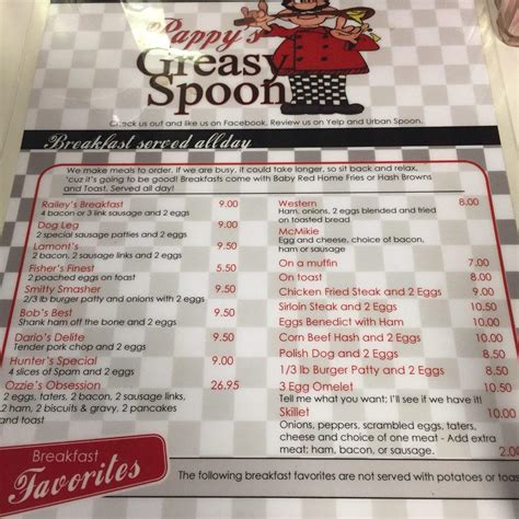 Menu at Pappy's Greasy Spoon restaurant, Canby