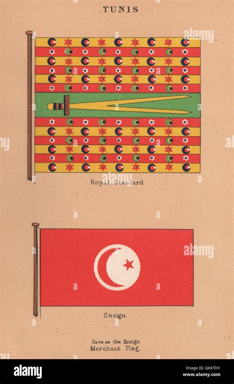 TUNISIAN FLAGS. Tunis. Royal Standard. Ensign. Merchant Flag, old print ...