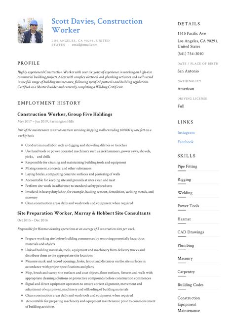 Free Resume Template For Construction Worker