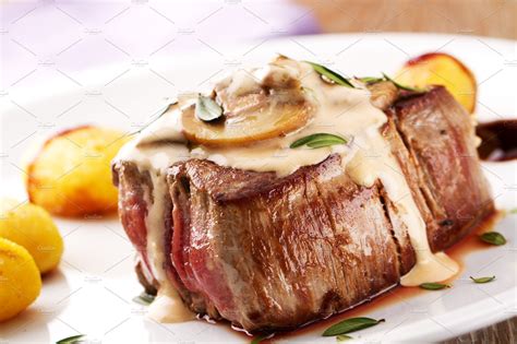 Fillet of beef with mushroom sauce and potatoes. High quality ph | Food ...