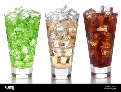 Glasses with sweet drinks with ice cubes isolated on white Stock Photo ...