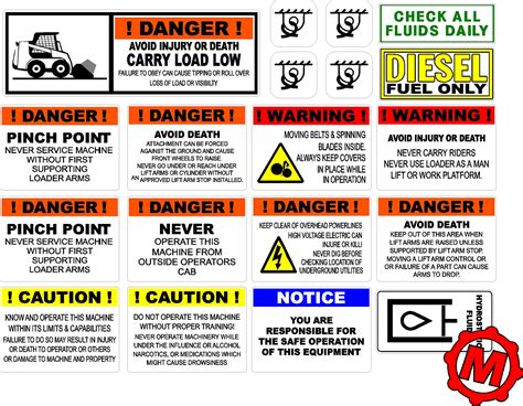 Skid loader Safety and Warning decal kit - Machine Decals