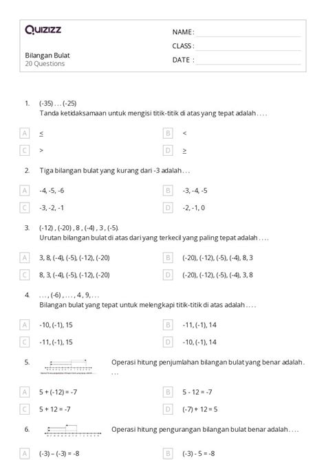 50+ lembar kerja Operasi Dengan Bilangan Bulat untuk Kelas 6 di Quizizz ...