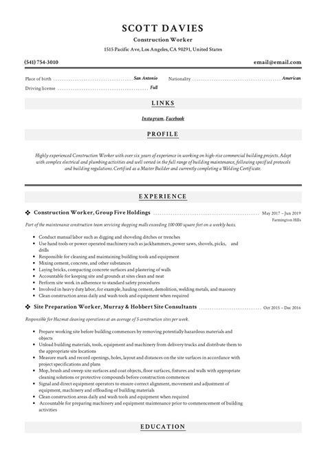 Construction Worker Resume Sample | Resume examples, Resume guide ...