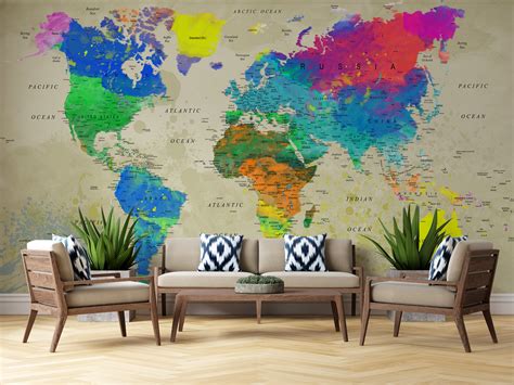 Customized Large World Map Wall Decal World Map Wallpaper World Map ...