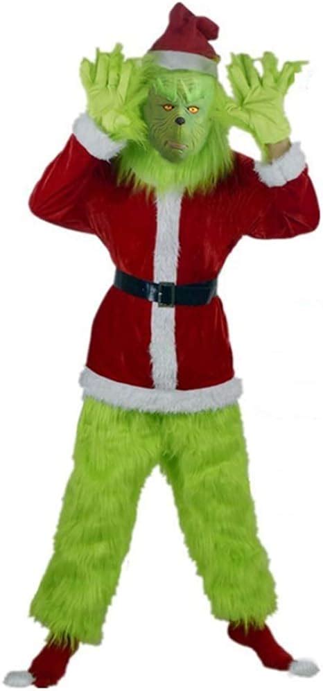 Grinch Costume Adult Green Monster Christmas 7PCS Deluxe Santa Costume ...