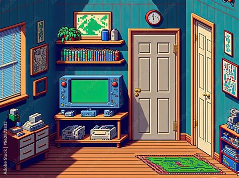 Pixel art game room, bedroom with video game consoles, background in ...