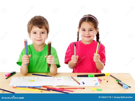 Two Little Kids with Color Pencils Stock Photo - Image of glad, family ...