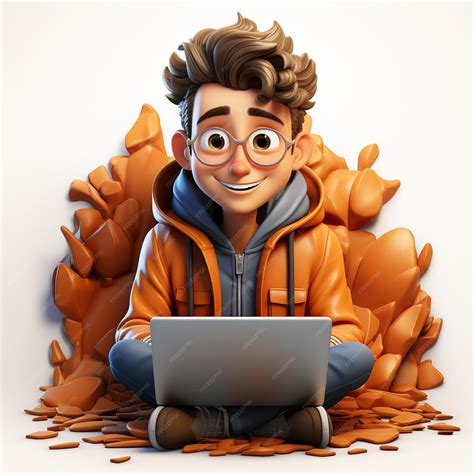 Premium AI Image | a happy 3d cartoon man using laptop siting on ...