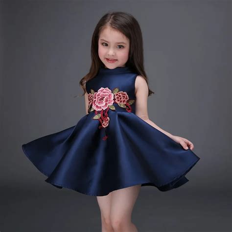 Embroidered Flower Girls Dress Cotton Princess Navy Blue Casual Ball ...