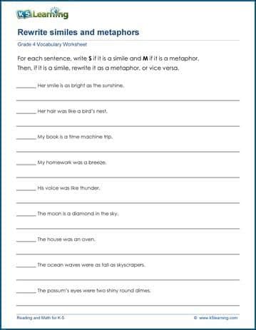 Rewrite similes and metaphors worksheets | K5 Learning